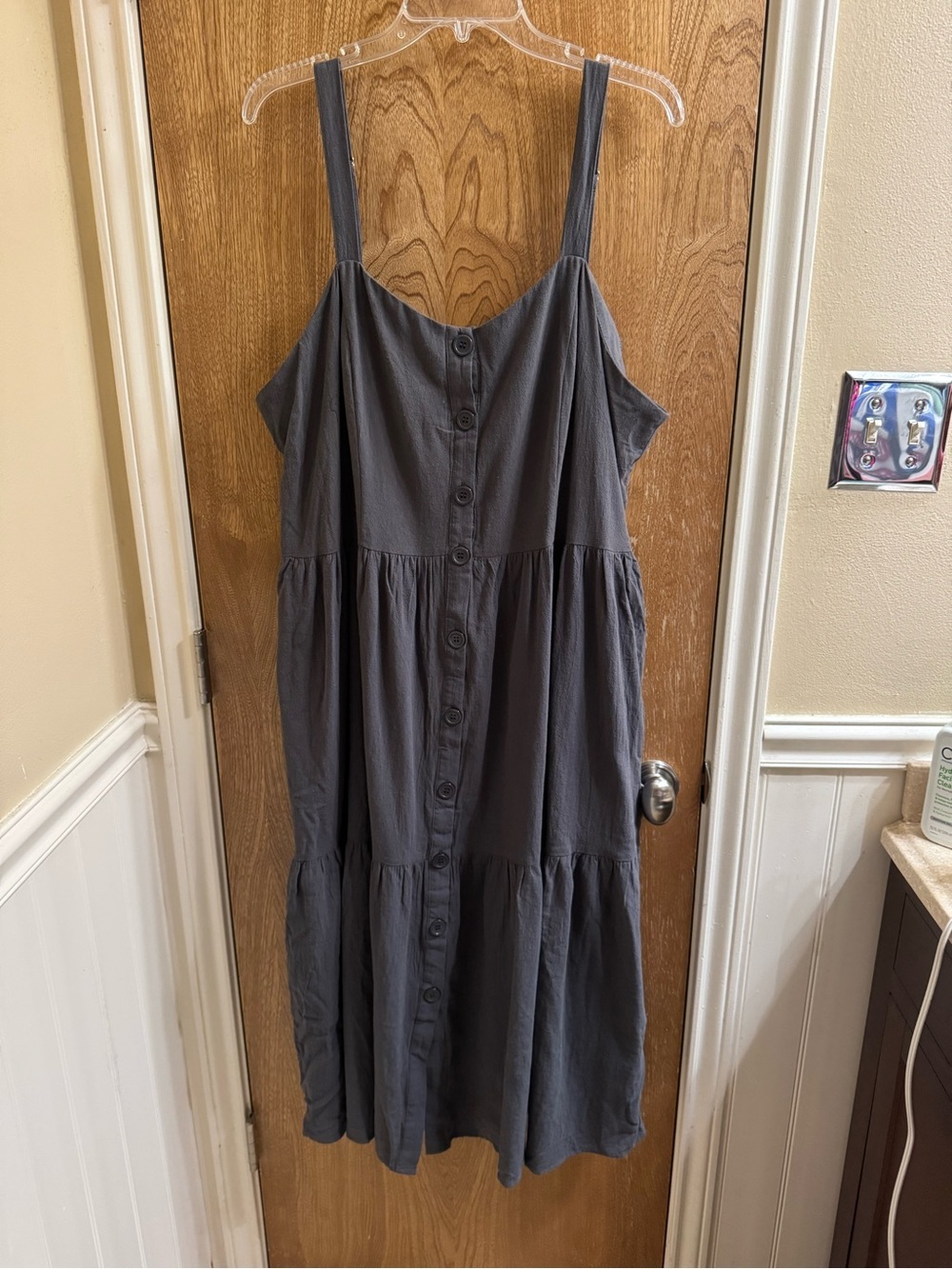 Polygram Tiered Button Down Gray Spaghetti Strap Dress Plus Size 3XL Babydoll